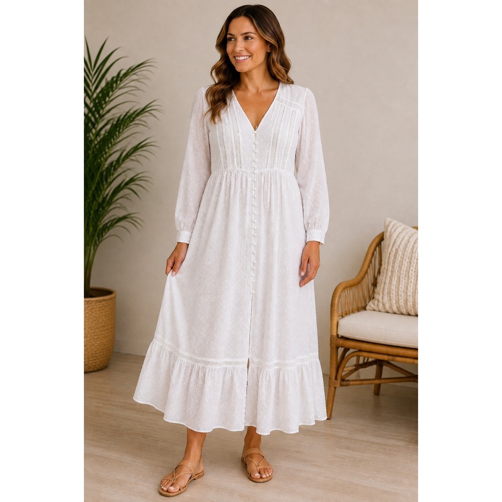 Lovestitch White Swiss Dot Maxi Dress Large Lace Button Front Boho Bridal NWT